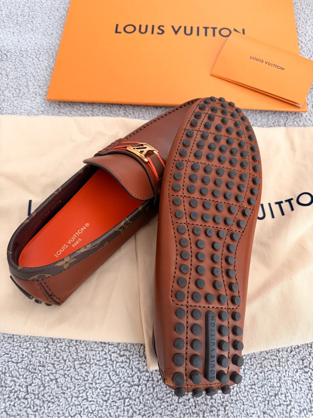 Louis Vuitton Brown Leather Men’s Slip-On Loafers with Gold LV Hardware - Picture 3 of 9